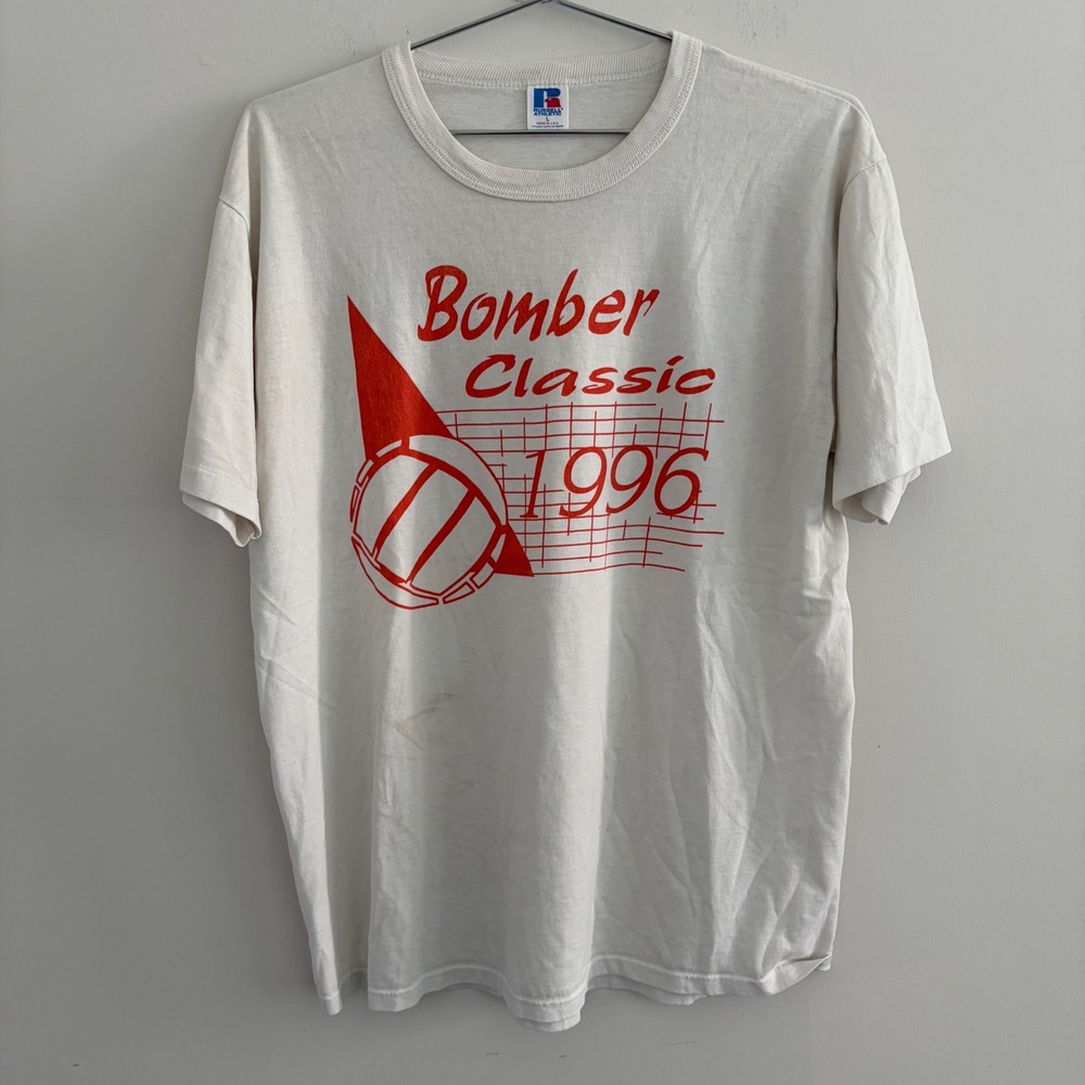 Vintage 1996 Bomber Classic Russell Athletic T Shirt White Large USA Made